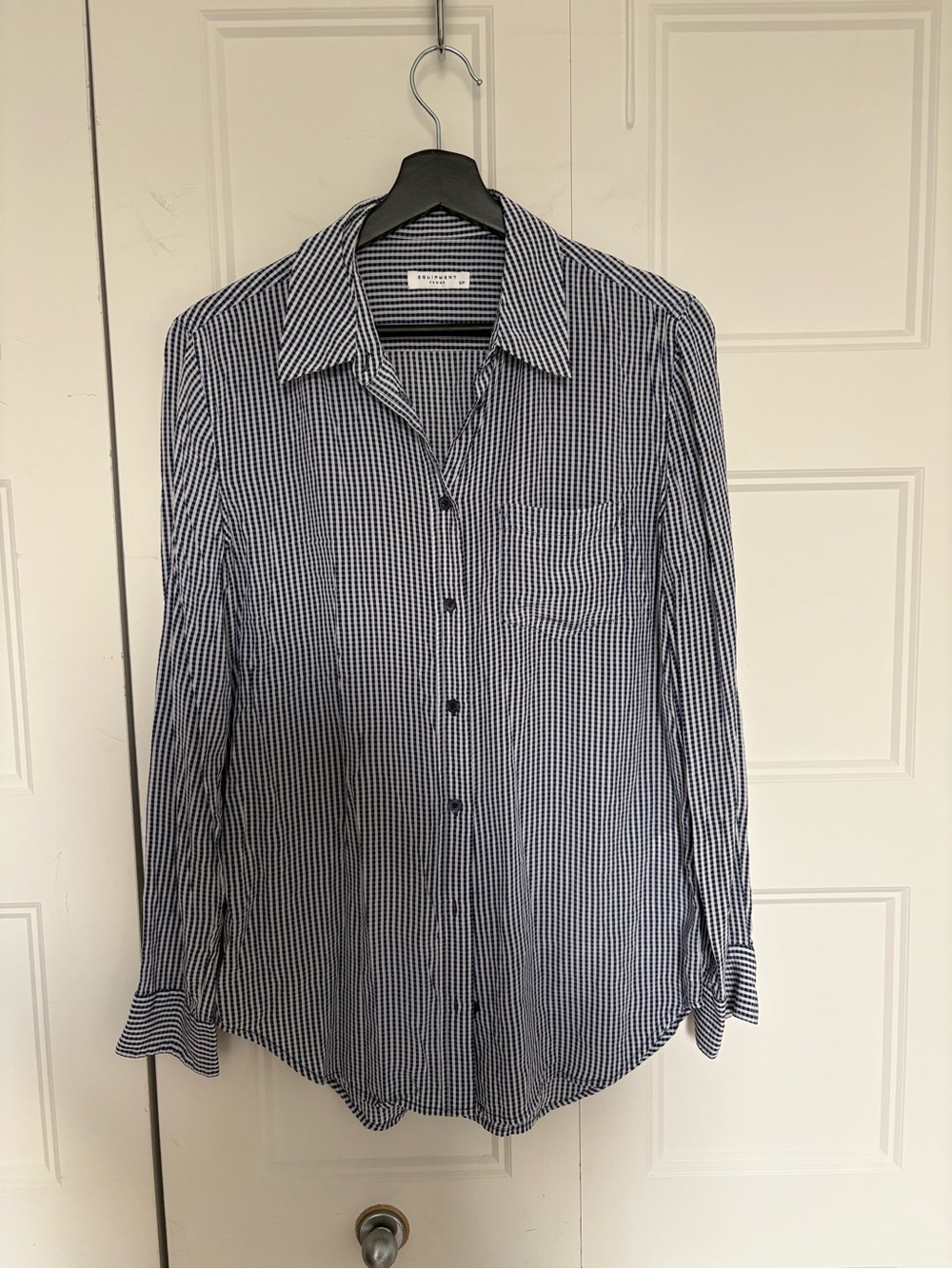 Equipment Navy and White Micro-Check Button-Down Shirt 100% Silk